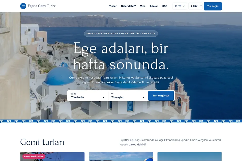 Egeria Gemi Turları örnek temasının ana sayfası